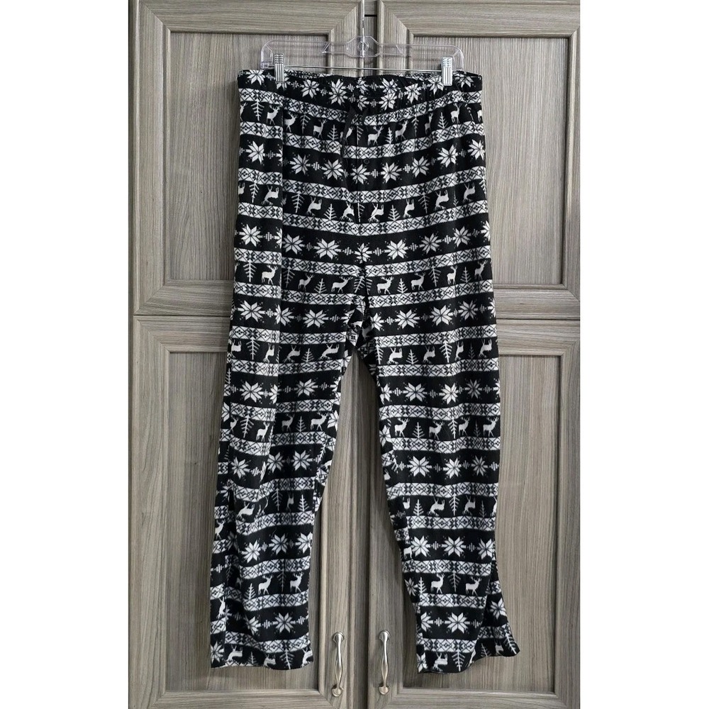 JoeBoxer Fleece Pajama Pants Large Black N White Reindeer Snowflake Festival